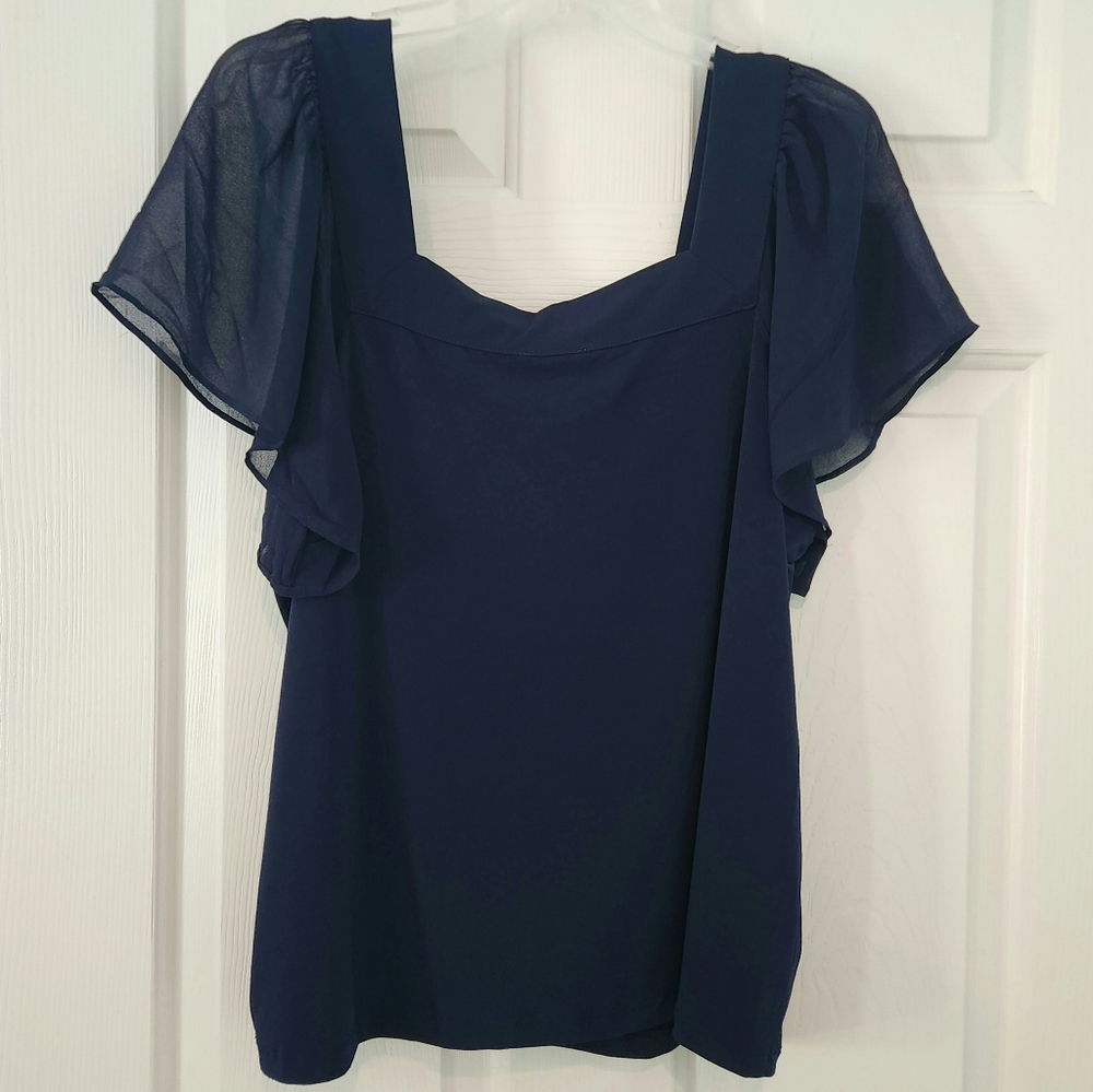 Calvin Klein Navy Blue Flutter Sleeve Blouse